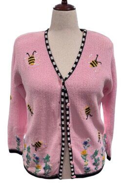 Quacker Factory Spring Bees Whimsical Cottagecore Pink White Black Embroidered S